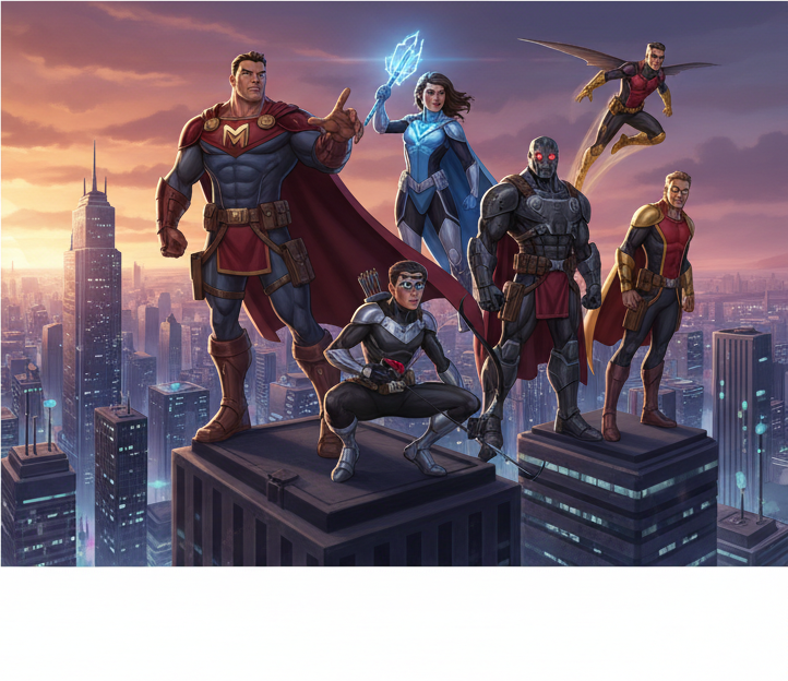 Superhero team over a city skyline, each with a badge representing a local LLM the homelab runs