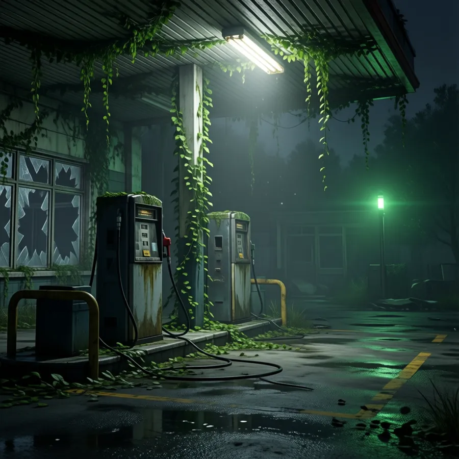 Concept art: overgrown abandoned gas station at night