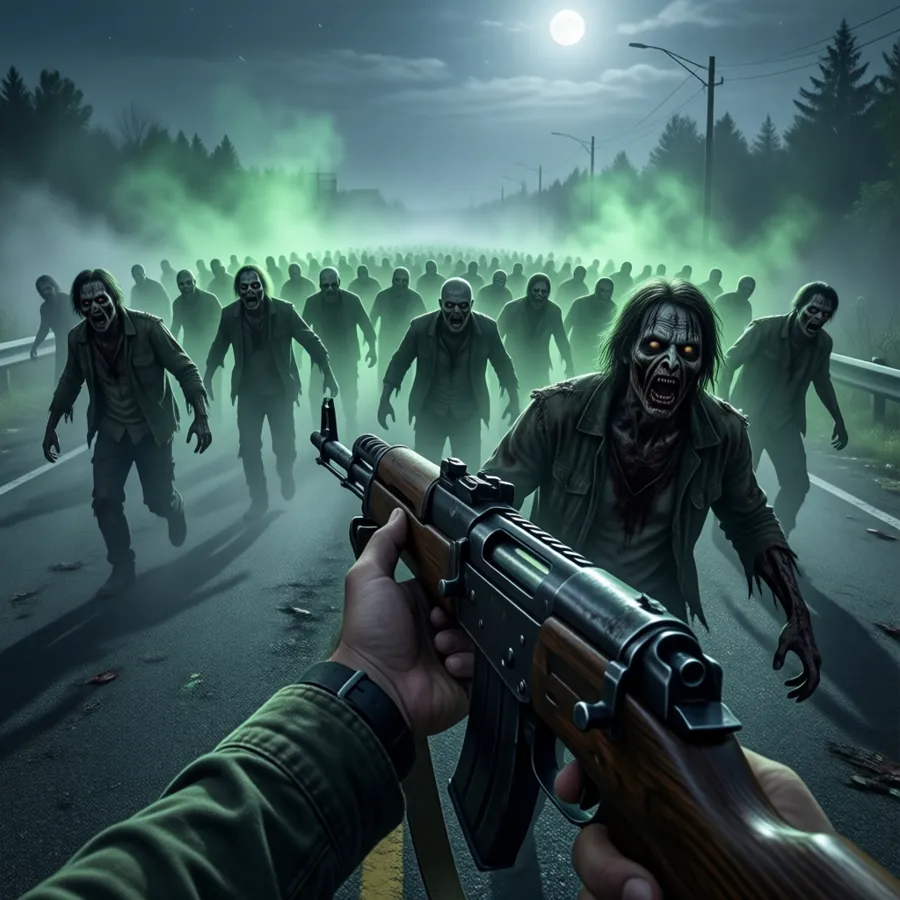 Concept art: a zombie horde on a fog-covered highway, first-person view with a rifle
