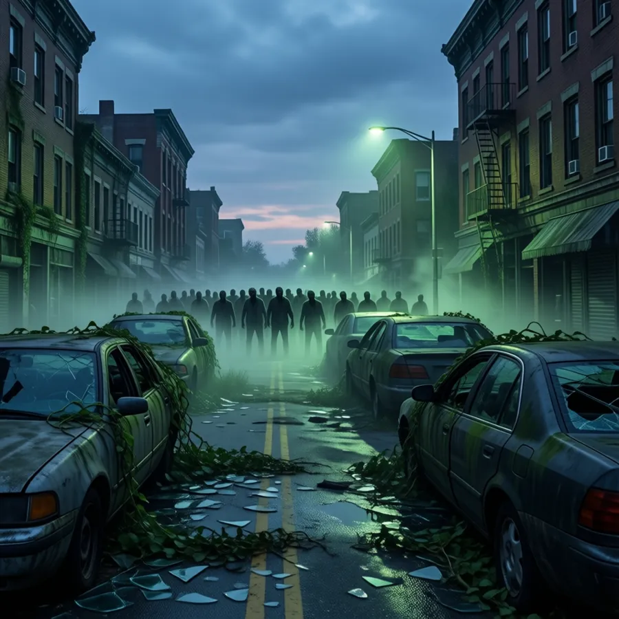 Concept art: abandoned city street with a distant horde